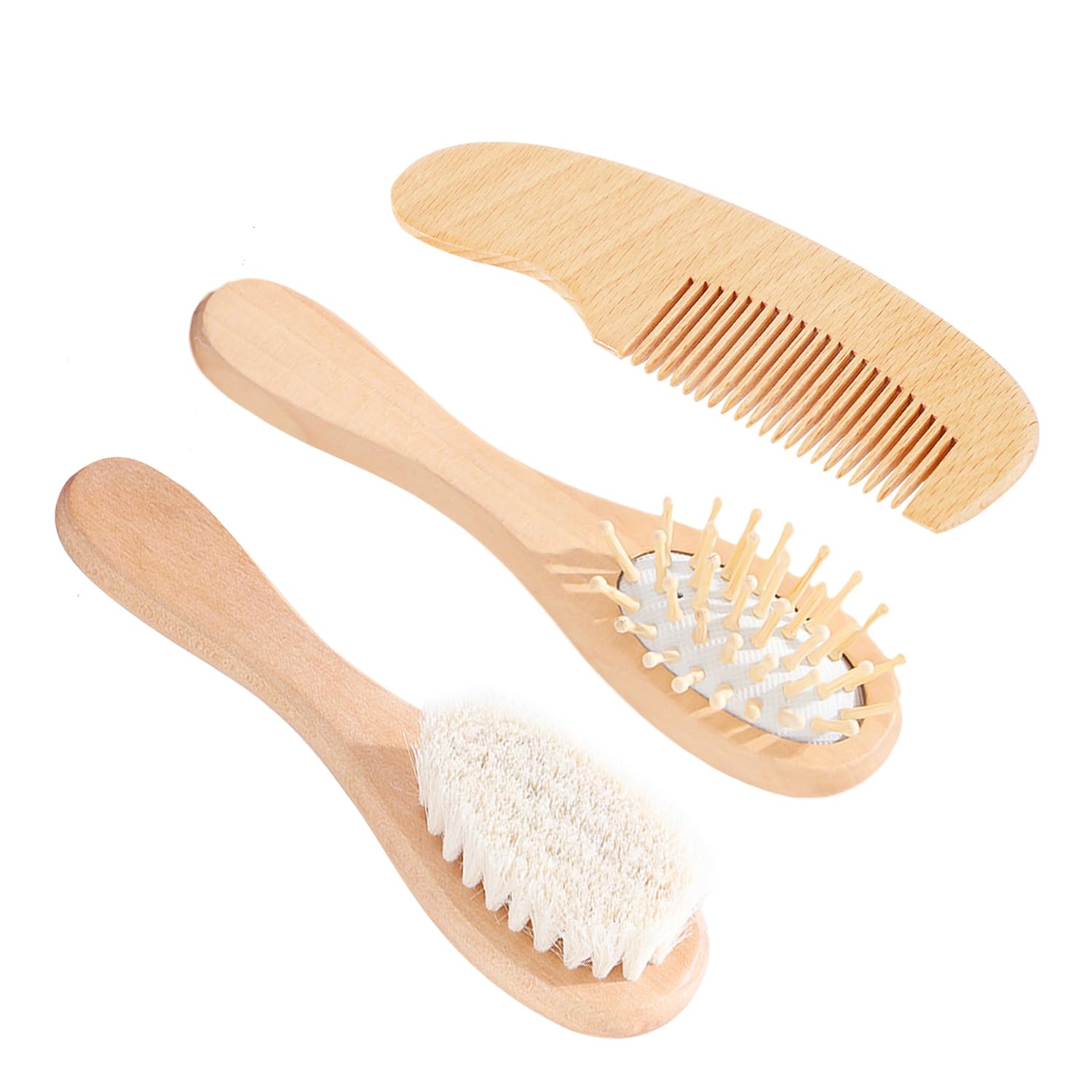 HAICN 3Pcs Baby Hair Brush and Comb Set Natural Wooden Soft Goat Bristle Brush Perfect Scalp Grooming Product for Delicate Hair Cradle Cap