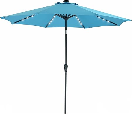 Amazon Com Shorfune Patio Umbrella 9 Ft With Solar Powered Led Lights Outdoor Market Table Umbrella With Crank And Push Button Tilt Adaptor Optional Turquoise Garden Outdoor