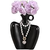 YUSHUIHOME Black Body Shape Ceramic Vase Set:4 Artificial Flowers + Pearl Chain Included,Living Room Table Top Creative Home 