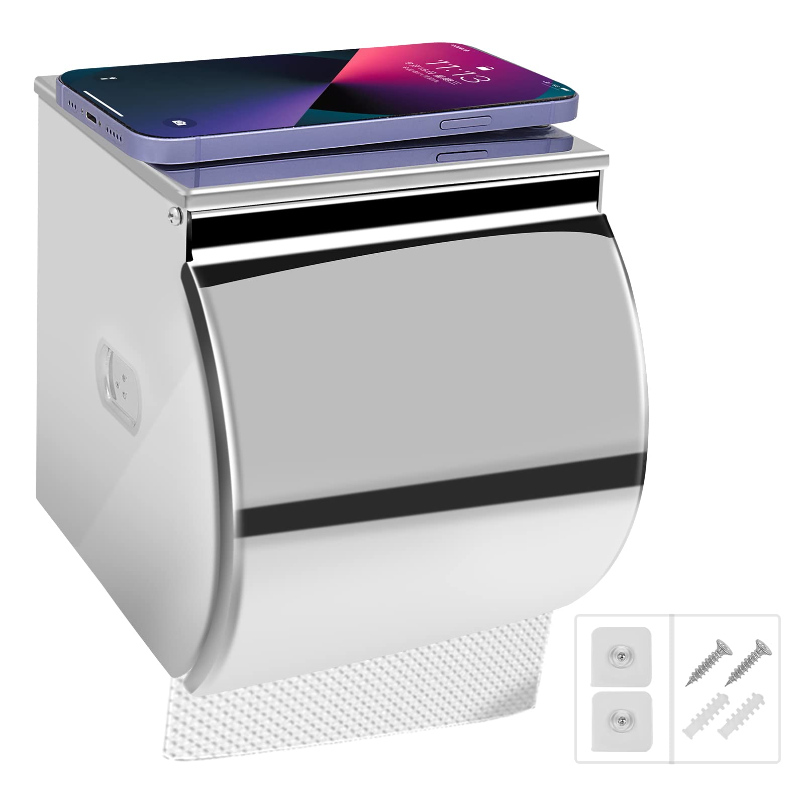 Photo 1 of Upgraded Toilet Paper Holder Self Adhesive with Shelf, Dog Cat Proof Toilet Paper Roll Holder Wall Mount, Covered Toilet Paper Holder Waterproof Stainless Steel No Drill for Bathroom, Polish Silver