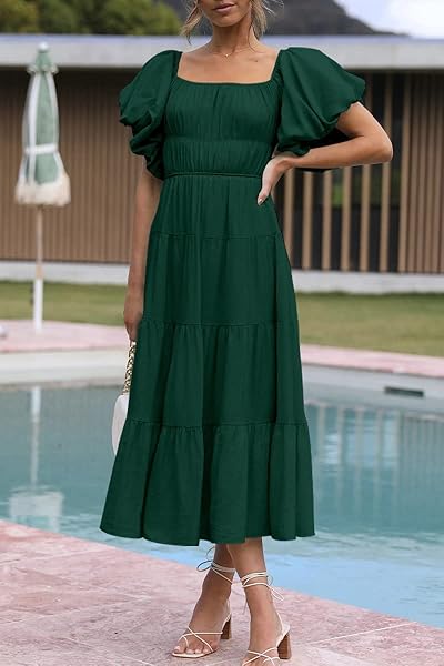 LILLUSORY WOMENS GREEN OFF THE SHOULDER PUFF SLEEVE 2023 SMOCKED BABYDOLL FLOWY BOHO MIDI TRENDY SPRING SUMMER SMOCKED DRESS