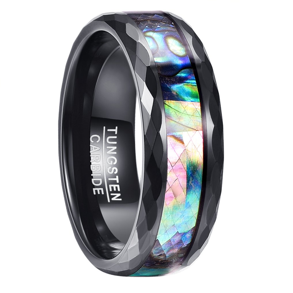 NUNCAD Men's Rings 8mm Black Mens Wedding Bands Abalone Shell Inlay Tungsten Carbide Ring with Faceted Edges Size X1/2
