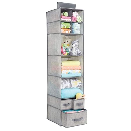 mDesign hängender Stoffschrank – 7 Regale und 3 Schubladen – der ideale Hängeschrank aus Stoff – perfekt als Hängeregal für d