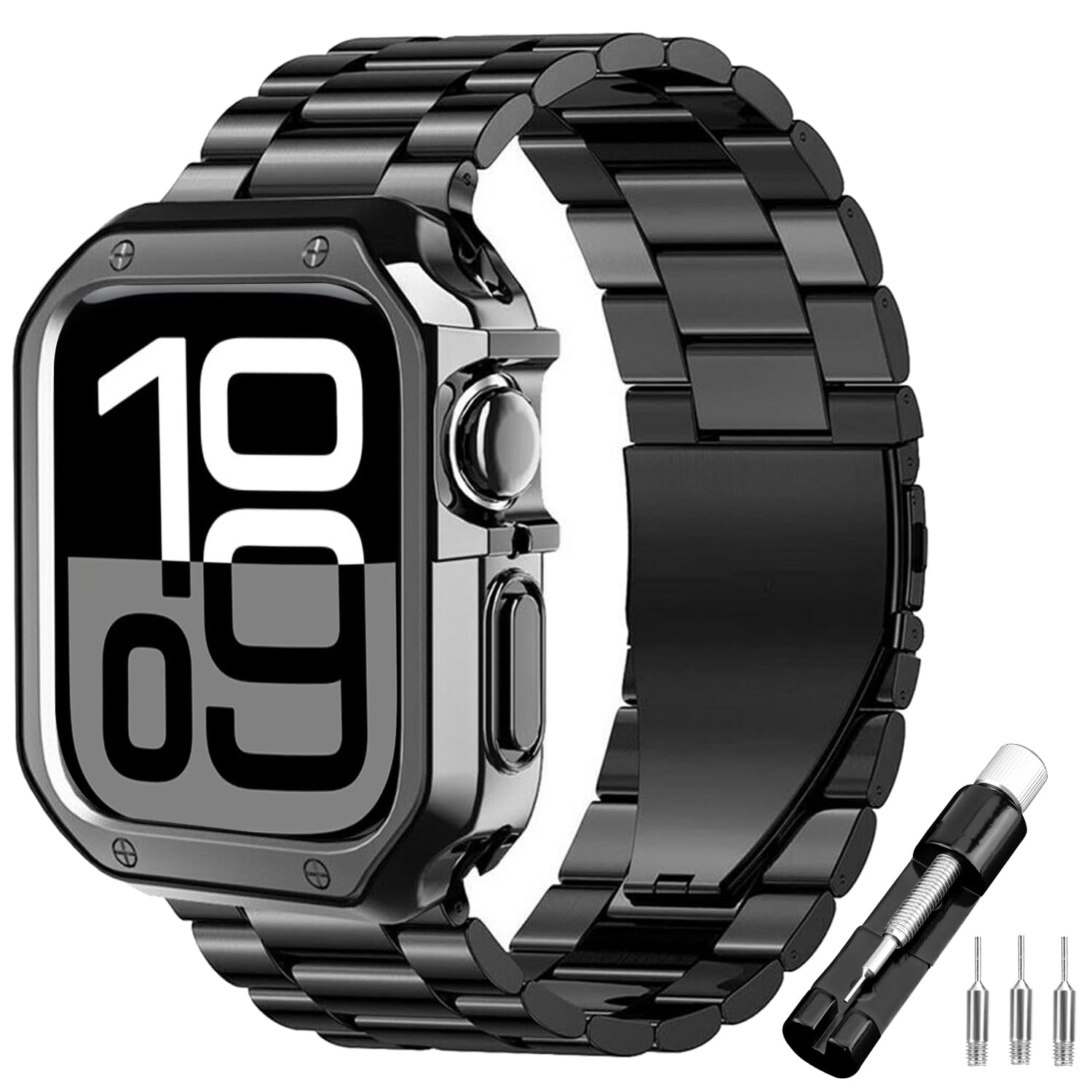 iTecFree for Apple Watch 11 Metal Band with Case 46mm,Classic Executive Classy Stainless Steel Bands Men Sports Wrist Strap and TPU Soft Rugged Case for iWatch Series 10/11 with Tools (Black, S10-46mm)