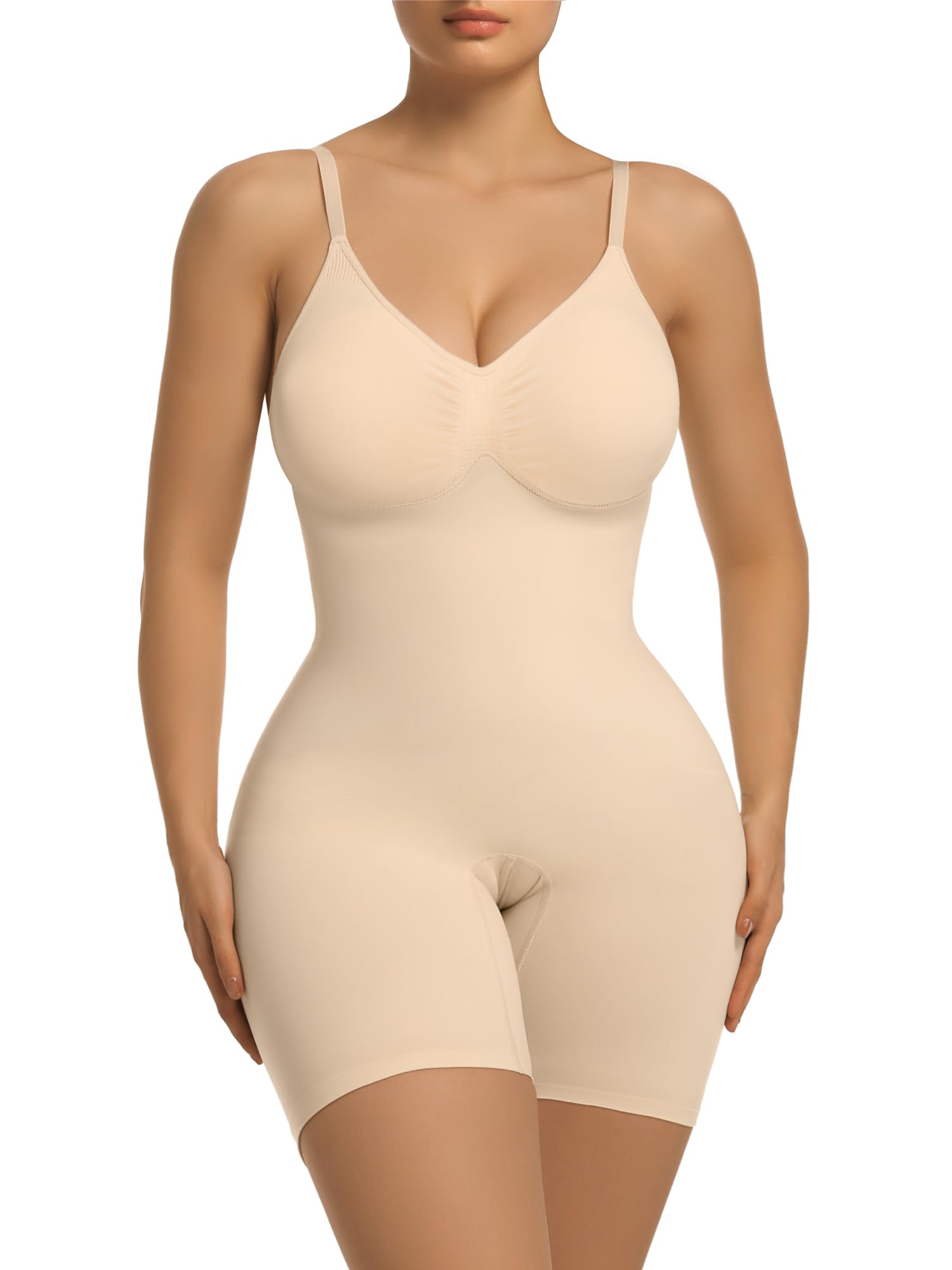 Photo 1 of SHAPERX Women's Shapewear Tummy Control Bodysuit with Removable Pads Seamless Sculpting Mid Thigh Body Shaper,SZ5468-Beige-3XL-Plus