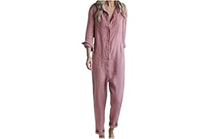 YARDSONG Womens Linen Jumpsuits Long Sleeve Button Up Casual Long Pant Romper Loose Fit Lapel Shirt Overall with Pockets