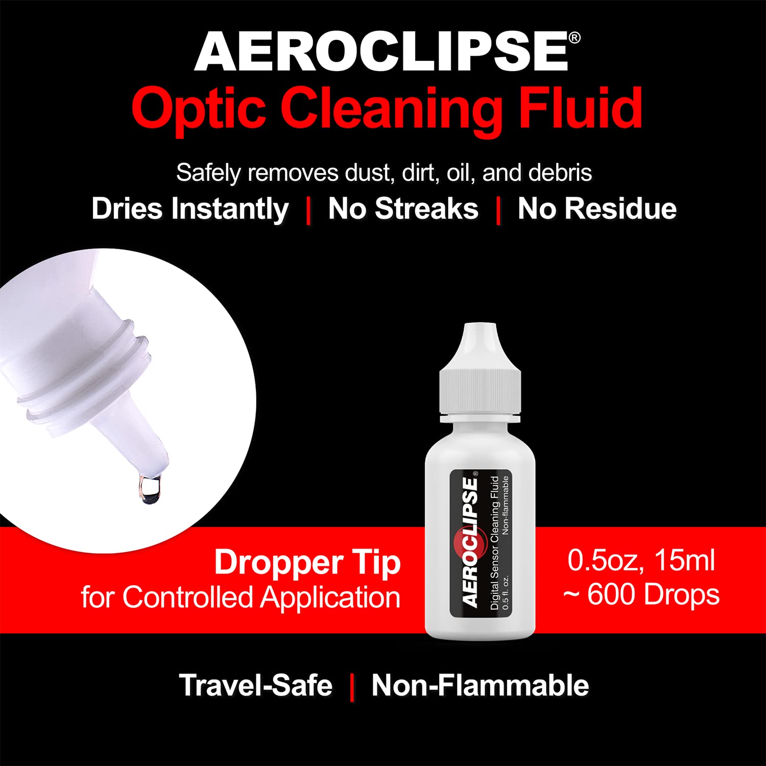 Aeroclipse Optic Cleaning Fluid - Non-Flammable Camera Lens Cleaner and Digital Sensor Cleaning Solution for Coated Lenses, Telescope, Projector and Other Optical Products - Dropper Tip (15ml) - 0.5oz