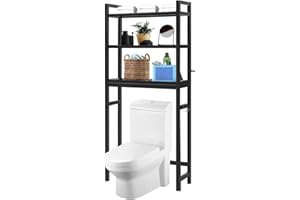 HITOMEN Over The Toilet Storage Cabinet, Bamboo Adjustable 3-Tier Above Toilet Shelf, Stable Freestanding Above Toilet Organizer with 3 Hooks for Bathroom Restroom Laundry Balcony, Black 67" H