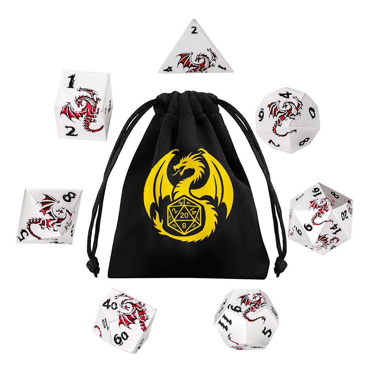 White DND Dice Set, Premium 7Pcs Polyhedral Dice Set with Dragon Bag, DND Starter Set Essential, for Tabletop RPG Fans, D&D Campaigns Board Games, Fantasy Game Accessories, Dragon Gifts for Men Women
