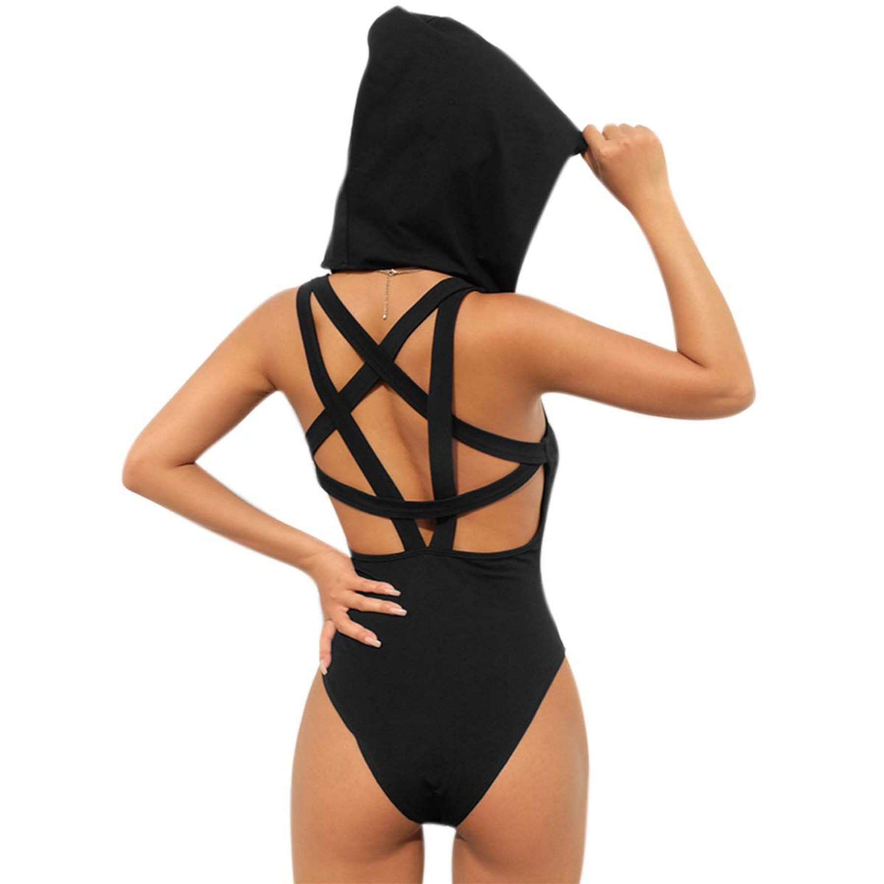 Photo 1 of JUMISEE Women Rave Pentagram Bodysuit Jumpsuit Sexy Hoodie Festival Clothing Romper for Dance Party Clubwear