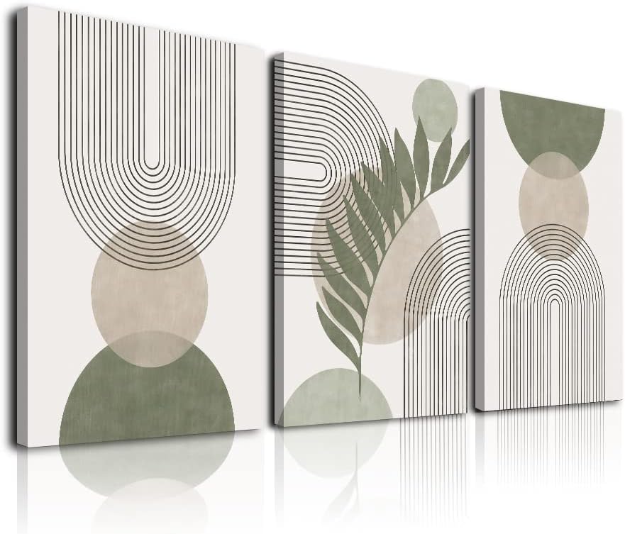 Wall Décor - Sage Green Boho Wall Art Set of 3, Minimalist Framed Wall Art Geometric Line Leaf Sun Moon Beige Green Canvas Artwork Paintings, Abstract Botanical Boho Room Decor, Sage Green Wall Posters & Prints for Living Room, Bedroom, Bathroom, Office, 12