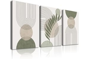 KBKBART Sage Green Boho Wall Art Set of 3, Minimalist Framed Wall Art Geometric Line Leaf Sun Moon Beige Green Canvas Artwork Paintings, Abstract Botanical Boho Room Decor, Office, 12"x16"
