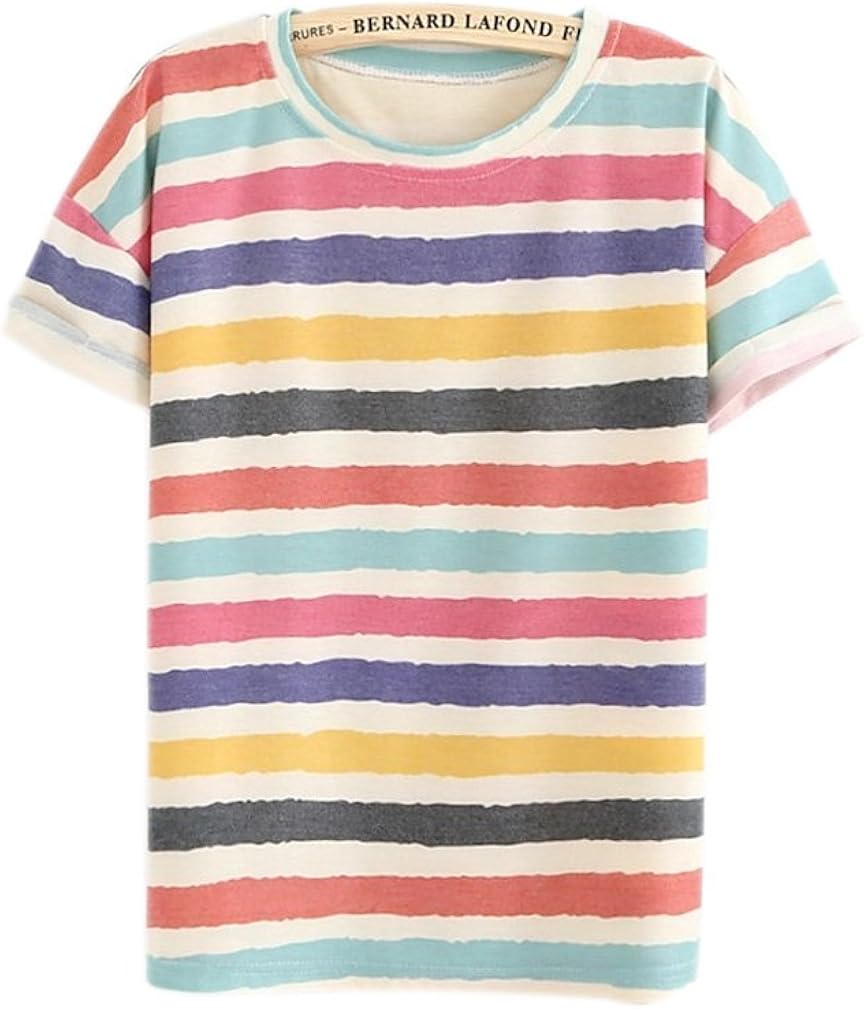 Women's Cute Pastel Tops Tees Striped Design Print (Size M) at Amazon