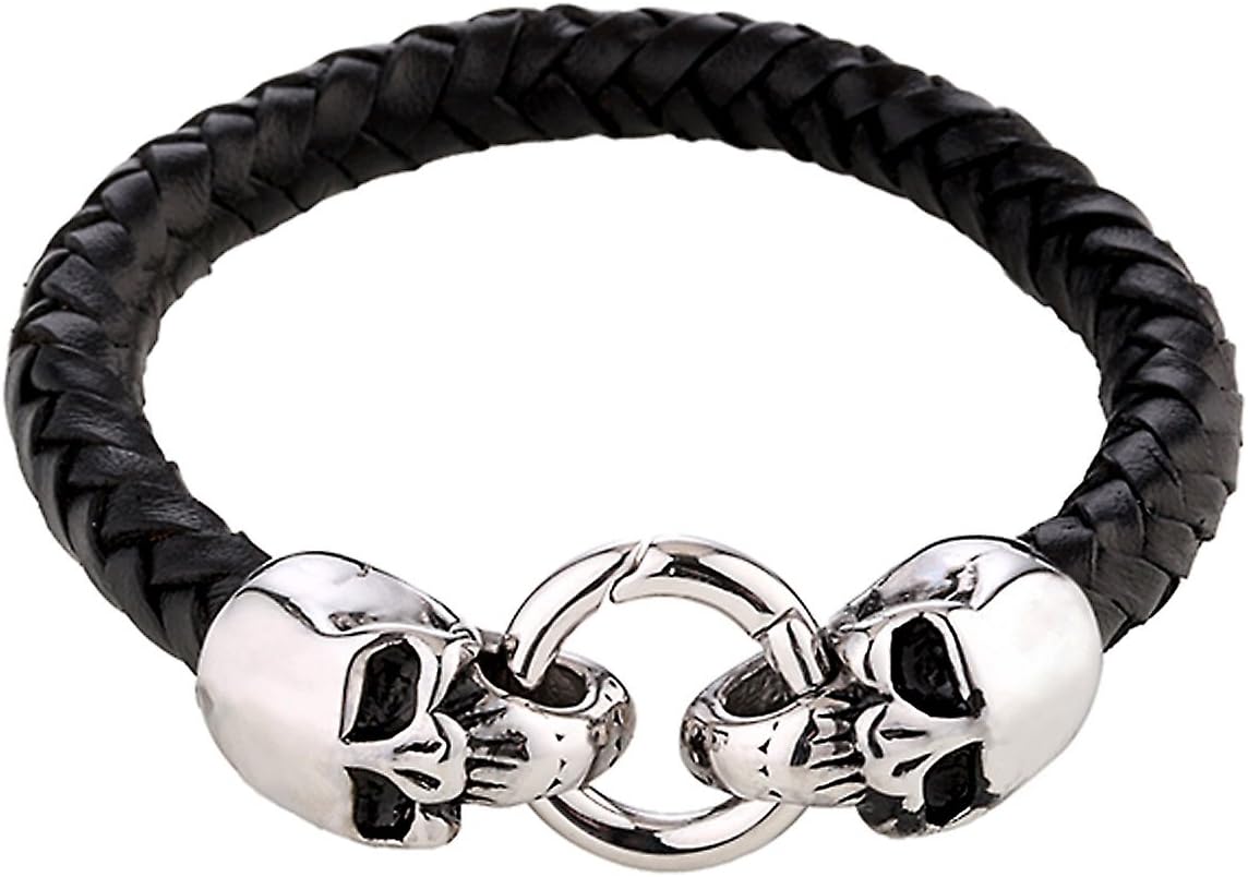 Men's Bracelet Braided Leather with Stainless Steel Skull Heads Clasp