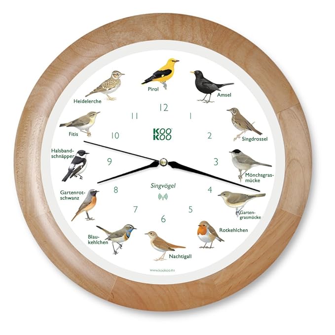 KOOKOO Singvögel Holz, Die Singende Vogeluhr, mit 12 heimischen Singvögeln und echten, natürlichen Vogelstimmen, mit RC Funkq