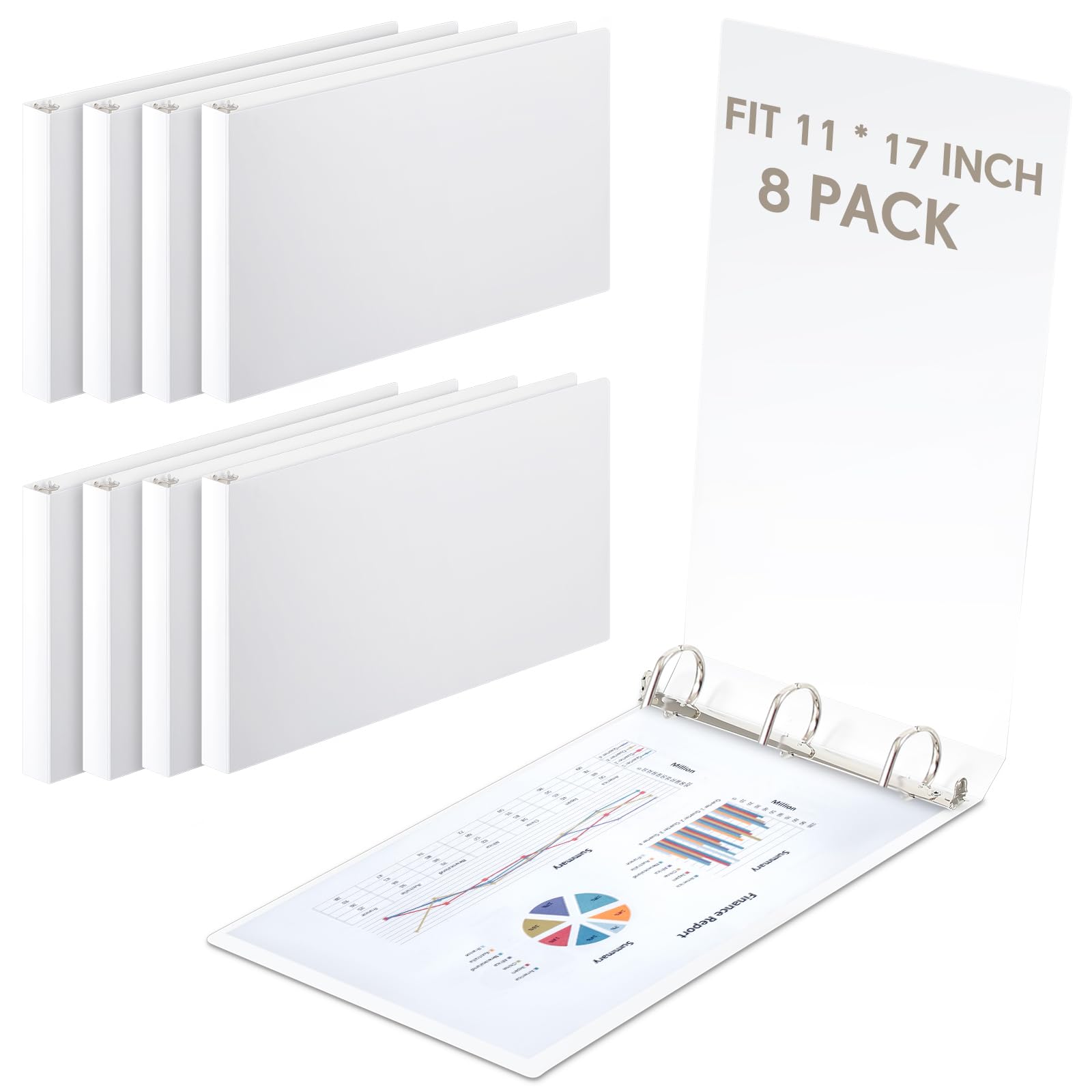 Photo 1 of Humyoun 8 Pcs 11 x 17 Inch 3 Ring Binders 2 Inch Rings Heavy Duty View D Ring Binders Economy Holds 11" x 17" Paper for Artwork Blueprints, Office, Home, Work Places(White)