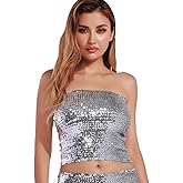 Women Belly Dance Sequin Tube Top Sparkle Sleeveless Crop Bra Club Vintage Rave Costume for Halloween Party