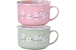 2Pcs Soup Bowls with Handles, 800ml/28oz Sealing Heat-Resistant Microwave Soup Mug with Lid Floral Wintersweet Ceramic Travel