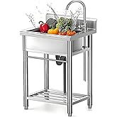 Stainless Steel Utility Sink with Faucet - Freestanding Single Bowl Sink for Commercial Kitchen, Laundry, Garage, Shop, Patio, Outdoor Prep & Wash Sink with Shelf, Fregadero Para Patio Exterior - 23In