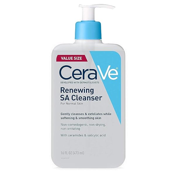 CERAVE RENEWING SALICYLIC ACID CLEANSER, FORMULATED WITH HYALURONIC ACID, NIACINAMIDE, & CERAMIDES, GENTLE BHA EXFOLIATING FACE WASH SMOOTHS & SOFTENS SKIN, NON COMEDOGENIC & FRAGRANCE FREE, 16 OUNCE