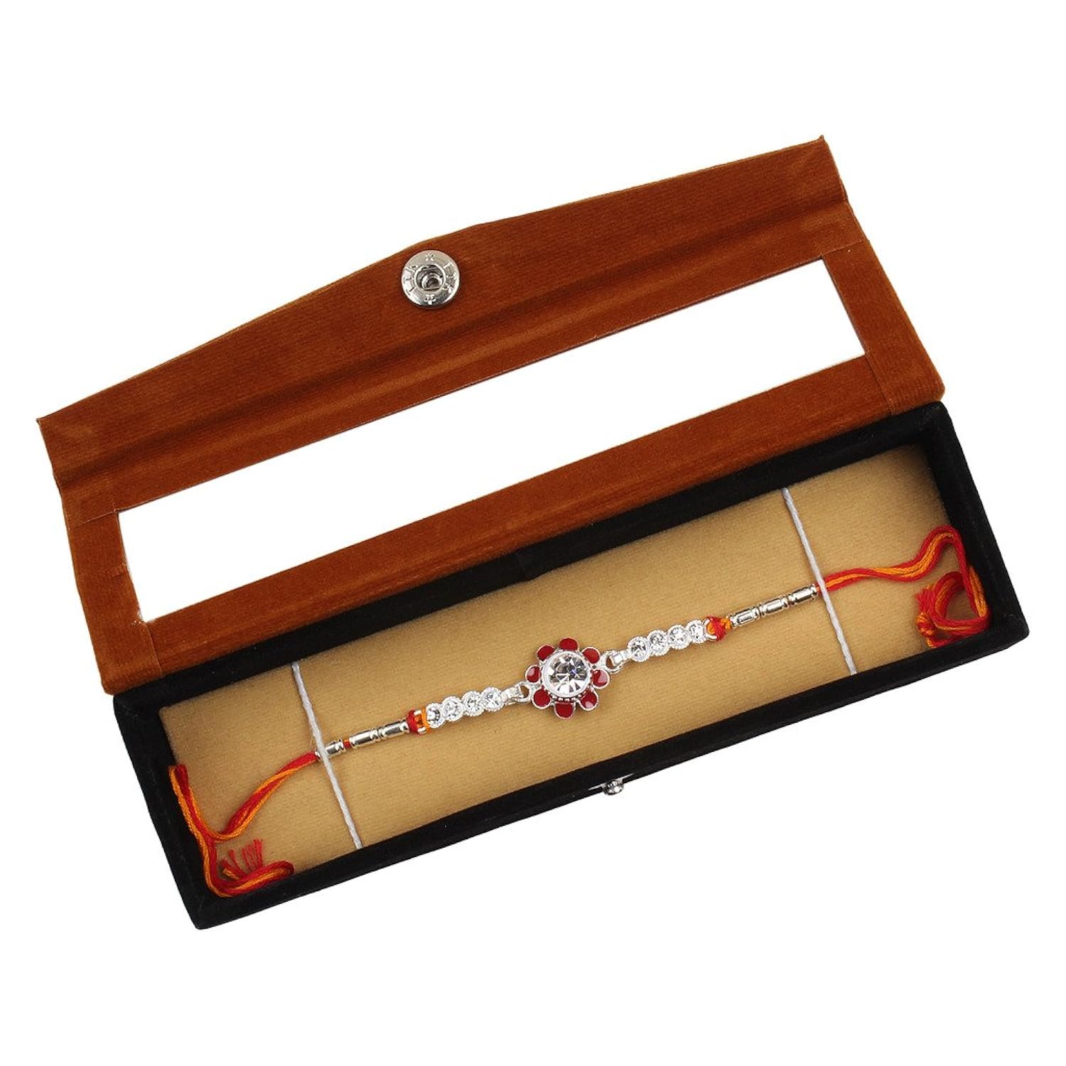 jewel fuel silver rakhi with velvet gift box for men/boys