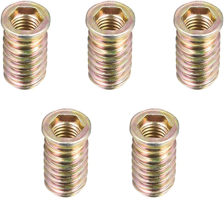 sourcing map Wood Furniture M10x30mm Threaded Insert Nuts Interface Hex Socket Drive 5pcs, Brown, M10x30mm-5pcs