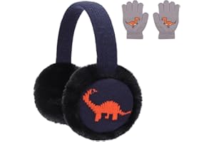 LUCKYBUNNY Kids Knit Dinosaur Earmuffs Gloves Set Boys Warm Plush Ear Muffs Winter Outdoor Ear Covers for Cold Weather