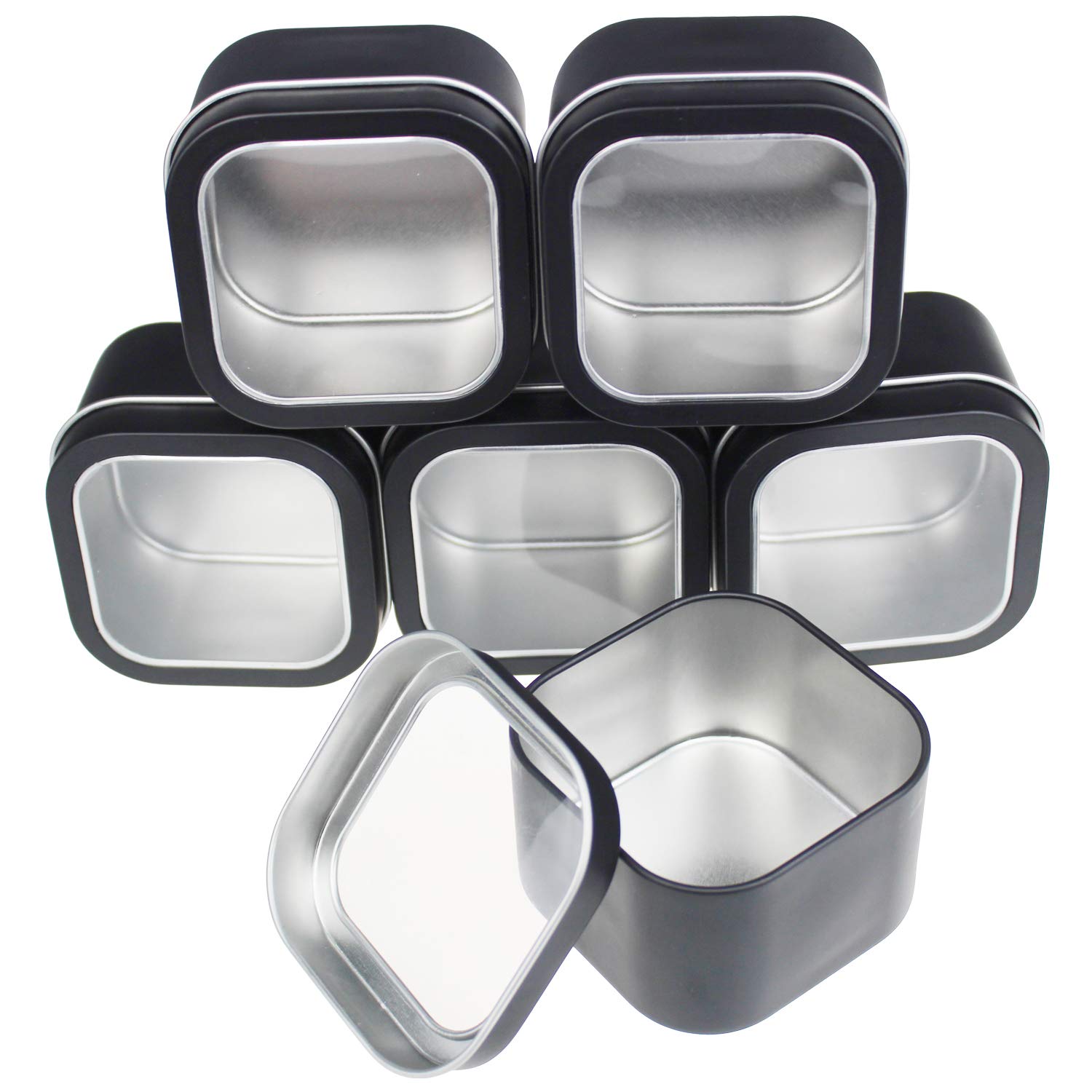 Goodma 6-Pack Empty 240ml Square Metal Tins with Clear Window for Candle Making, Candies, Gifts & Treasures, Black
