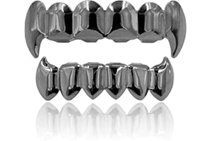 canjoyn 18K Gold Silver Plated Hip Hop Vampire Fangs Top Bottom Teeth Grillz Set for Men and Women
