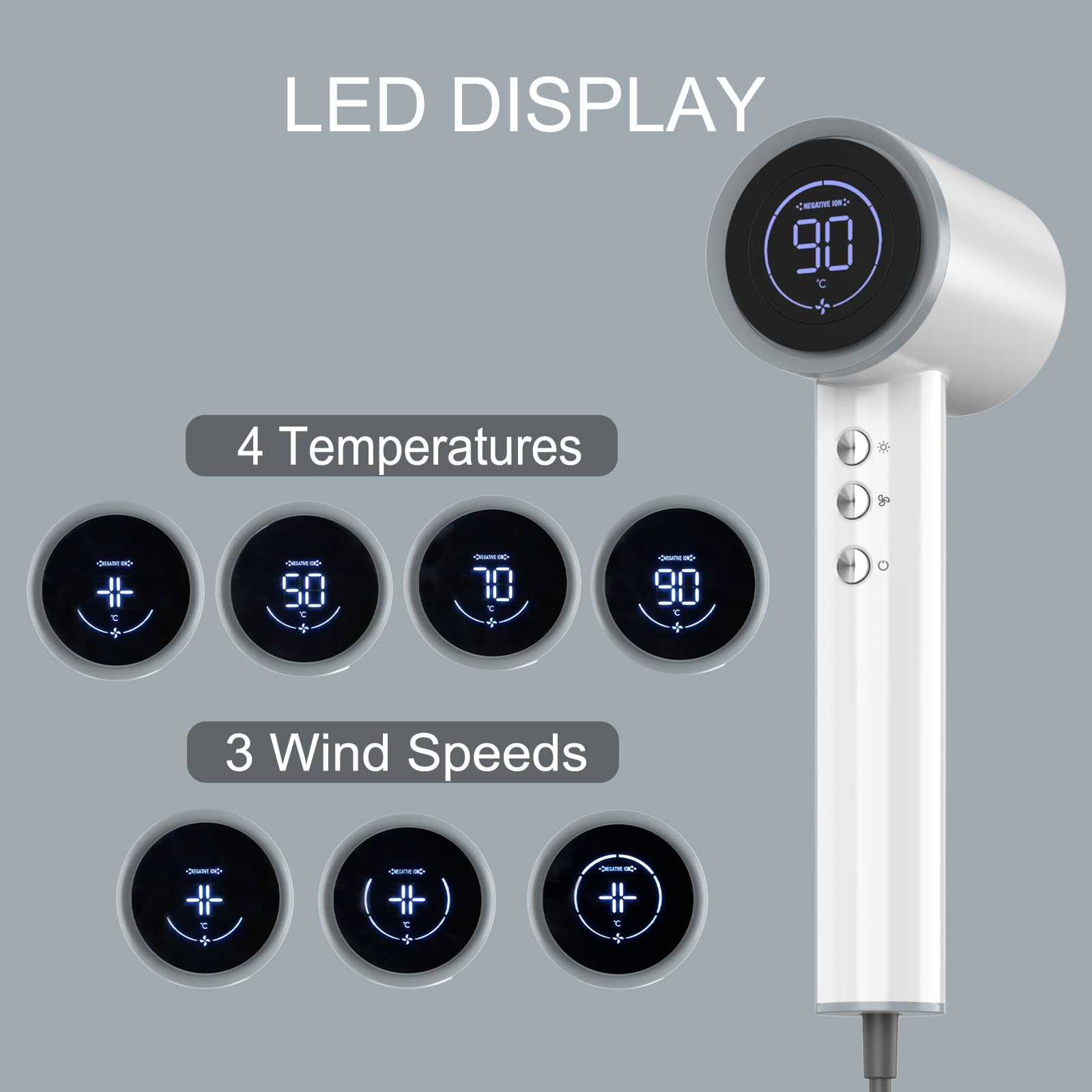 FANWINYU Hair Dryer, Corded Electric, White, 122 - 194, 1280W, 110,000 RPM, 90mm Air Channel, LED Display, 360 Rotating Magnetic Nozzle, 200 Million Negative Ions