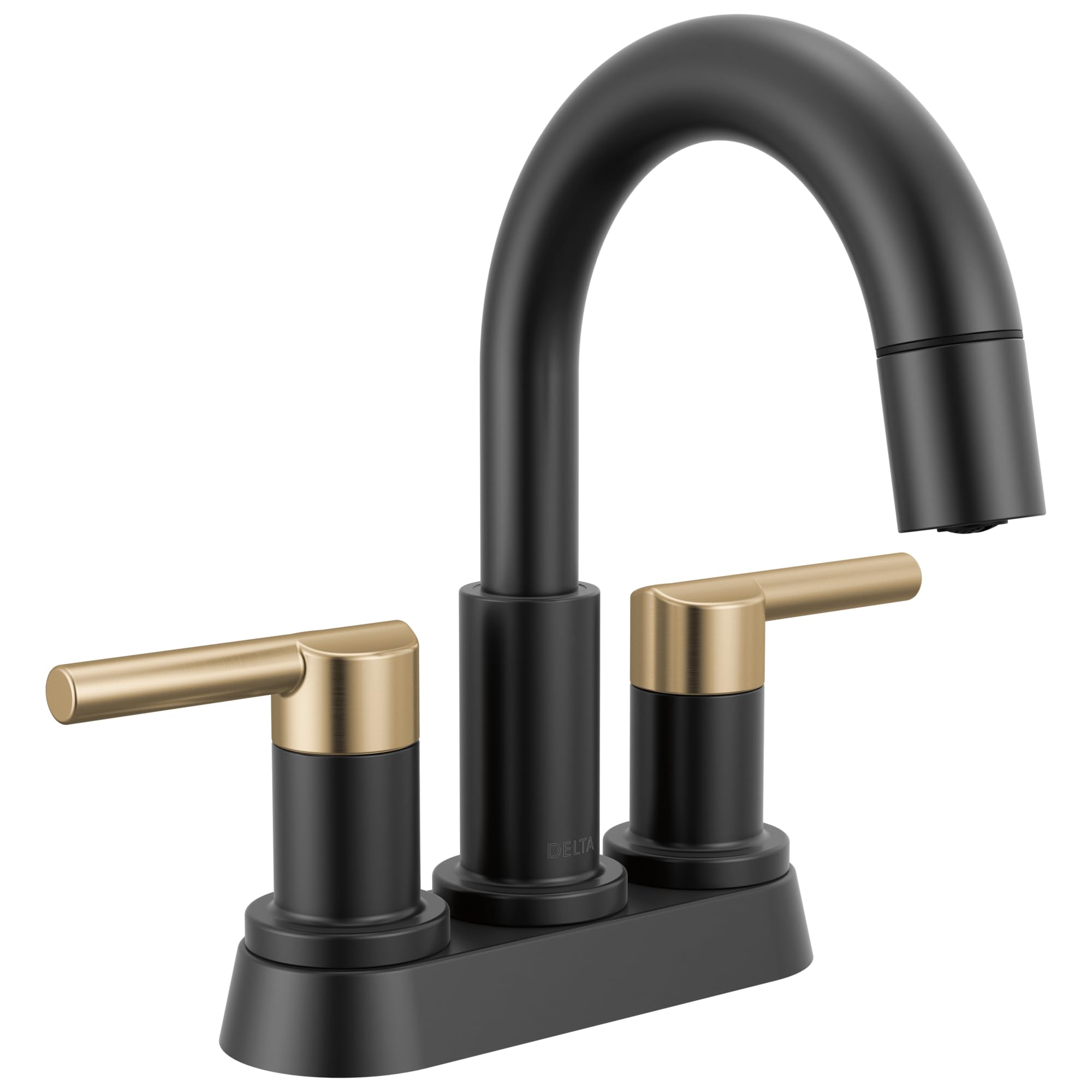 Photo 1 of Delta Nicoli Centerset Matte Black/Brushed Gold Bathroom Faucet with Sprayer, 4 Inch 3 Hole Bathroom Sink Faucet with Pull Out Sprayer, Push-Pop Drain, Matte Black/Champagne Bronze 25749LF-GZPD