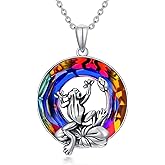 Plesitep 925 Sterling Silver Frog Necklace for Women Round Crystal Gemstone Birthstone Frog Pendant Animal Jewelry for Mom Her