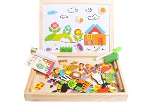Skrtuan Educational Wooden Toys for Kids Toddlers Magnetic Puzzles Wooden Art Easel Double Side Learning Games Montessori Puzzle STEM Gift for Boys Girls Children