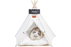 PAW BALLET Pet Teepee, 24Inch Portable Cat Teepee Tent, Washable Dog Teepee Tent, Indoor Dog House with Cushion, Pet Tent for Puppy Cat Rabbit(White Ball)