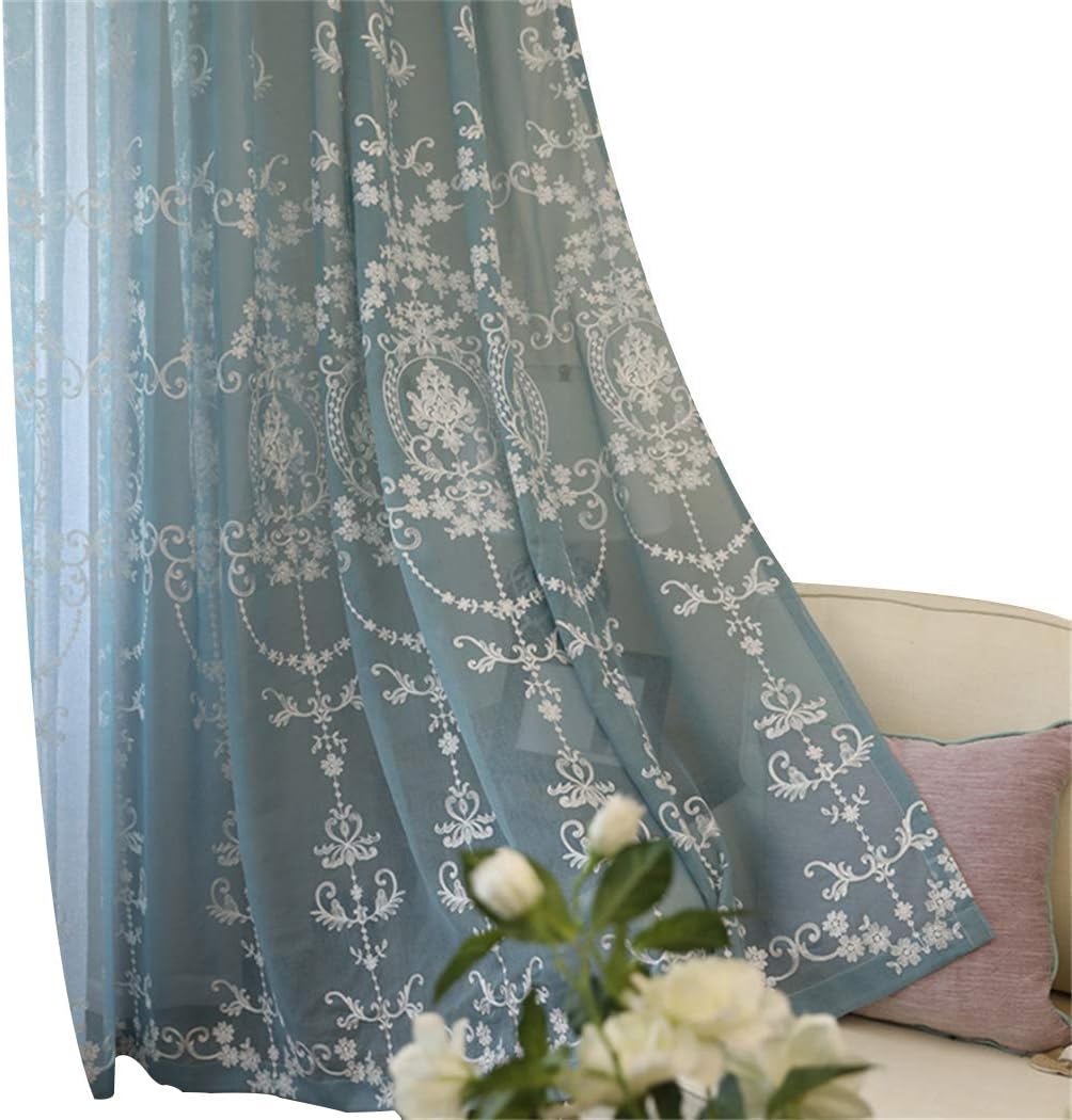 Amazon Com Etry Teal Damask Floral Embroidered Sheer Curtains