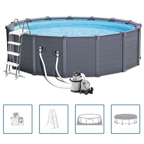 Intex Graphite Gray Panel Pool Set - Panel Wand Aufstellpool - Sehr luxuriös und robust - Ø 478 x 124 cm - Zubehör enthalten