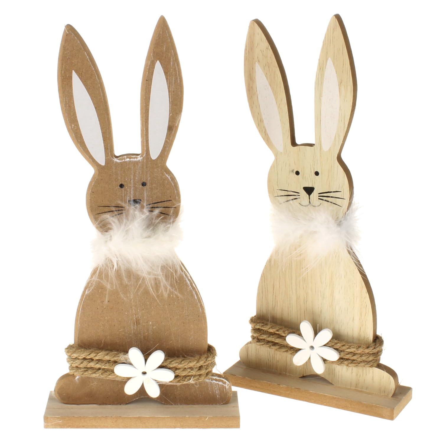MACOSA HOME Macosa HN68202_x2 Decorative Rabbit Set of 2 Wooden Brown 27 cm Easter Bunny Feather Collar Easter Decoration Wooden Rabbit Easter Decoration Table Decoration Rabbit Pair Decorative Figure