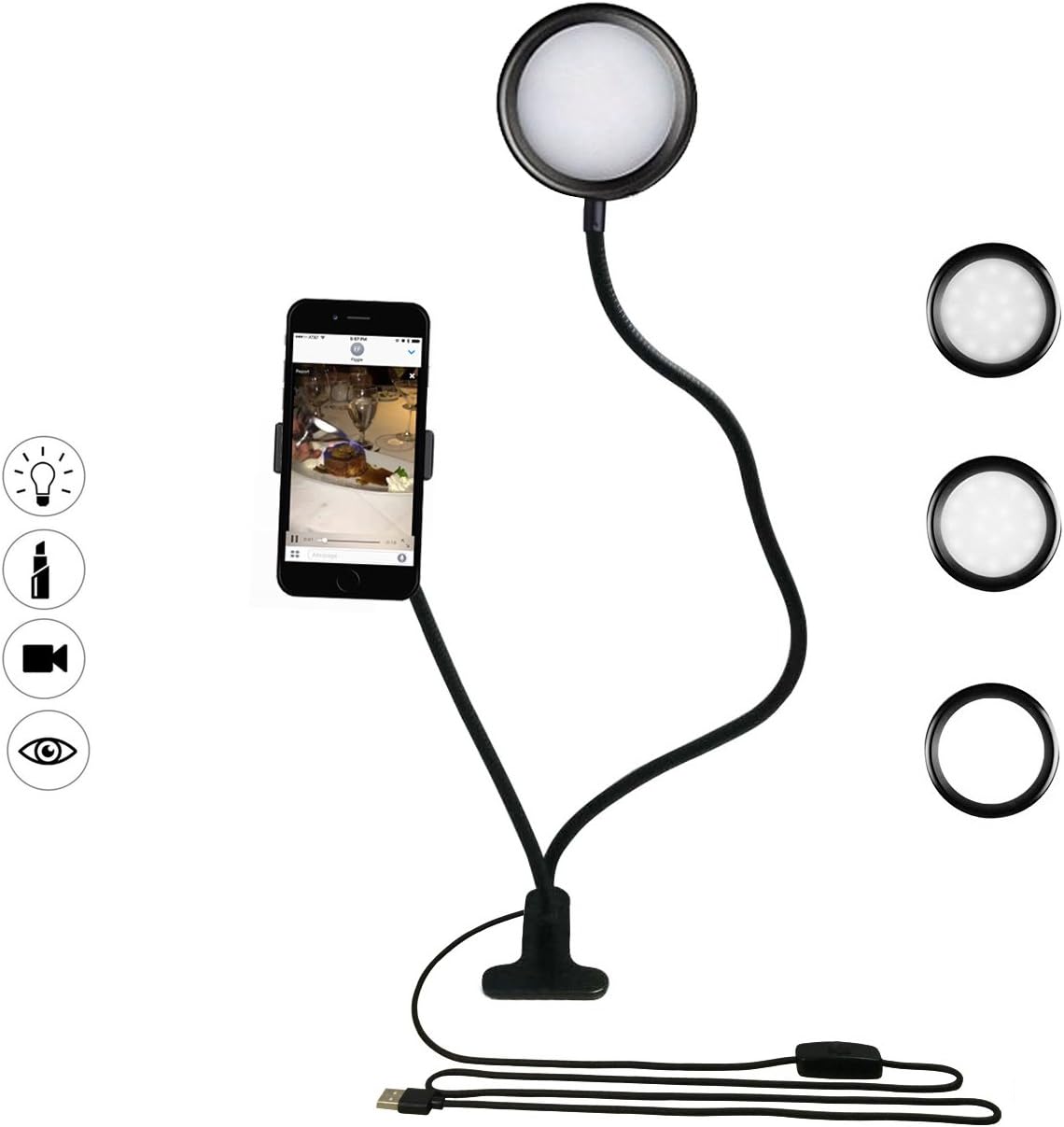 Smarki Cell Phone Holder Mount with Selfie LED Light Ring for Live Streaming Desk Reading Lamp Flexible 360°Rotating Clip Bracket for iPhone 8/X/7/6 Plus,Samsung,Huawei and More (One Color Light)