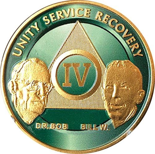 wendells 4 Year AA Founders Medallion Green Gold Plated Sobriety Chip IV