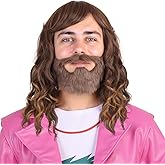 ColorGround Medium Brown Curly Cosplay Wig with Beard for Men Halloween Party