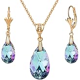 EVEVIC Austrian Crystals Teardrop Pendant Necklace Earrings for Women 14K Gold Plated Hypoallergenic Leverback Drop Dangle Earrings Jewelry Set