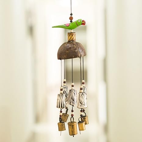 ExclusiveLane Parrot Home Decorative Wind Chime Cum Outdoor Garden Wall Hanging with Kutchh Bells (Multicolour, Wood)