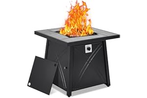 VERISSHADE 28 Inch Propane Fire Pit, CSA-Listed Outdoor Gas Fire Pit, 50,000 BTU Steel Fire Table with Lid and Lava Rock, Gas Fire Pits for Patio, Stainless Steel Burner Head for Warmth Ambiance Black