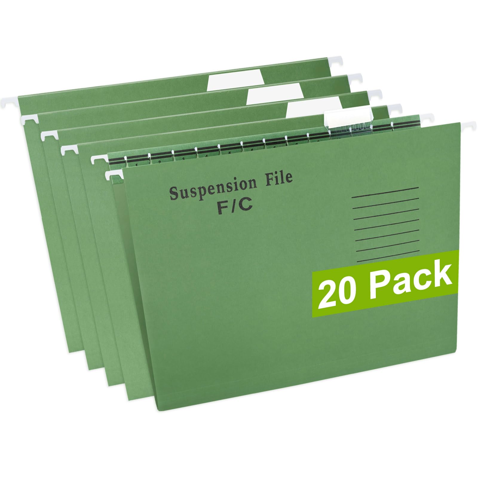 GUOKOFF Foolscap Suspension Files, 20PCS FC Filing Cabinet Suspension File with Tabs and Inserts, FC Hanging Filing Folders, Filing Cabinet Dividers, Green