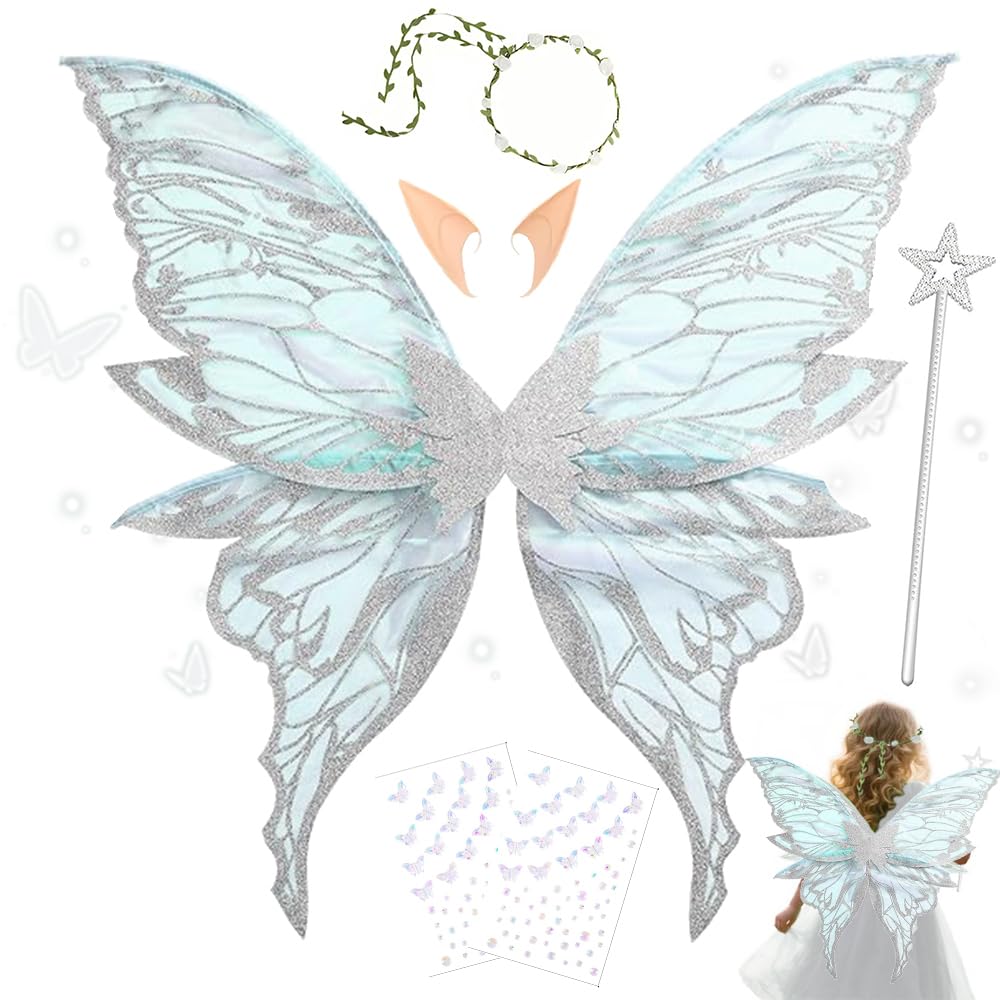 MEISHANG Adult Fairy Wings, Elf Wings with Elf Eyes, Fairy Wings Set, Flowers - Headband, Stars Fairy Sticks and Stickers, Ideal for Cosplay, Parties and Fancy Dress (White)