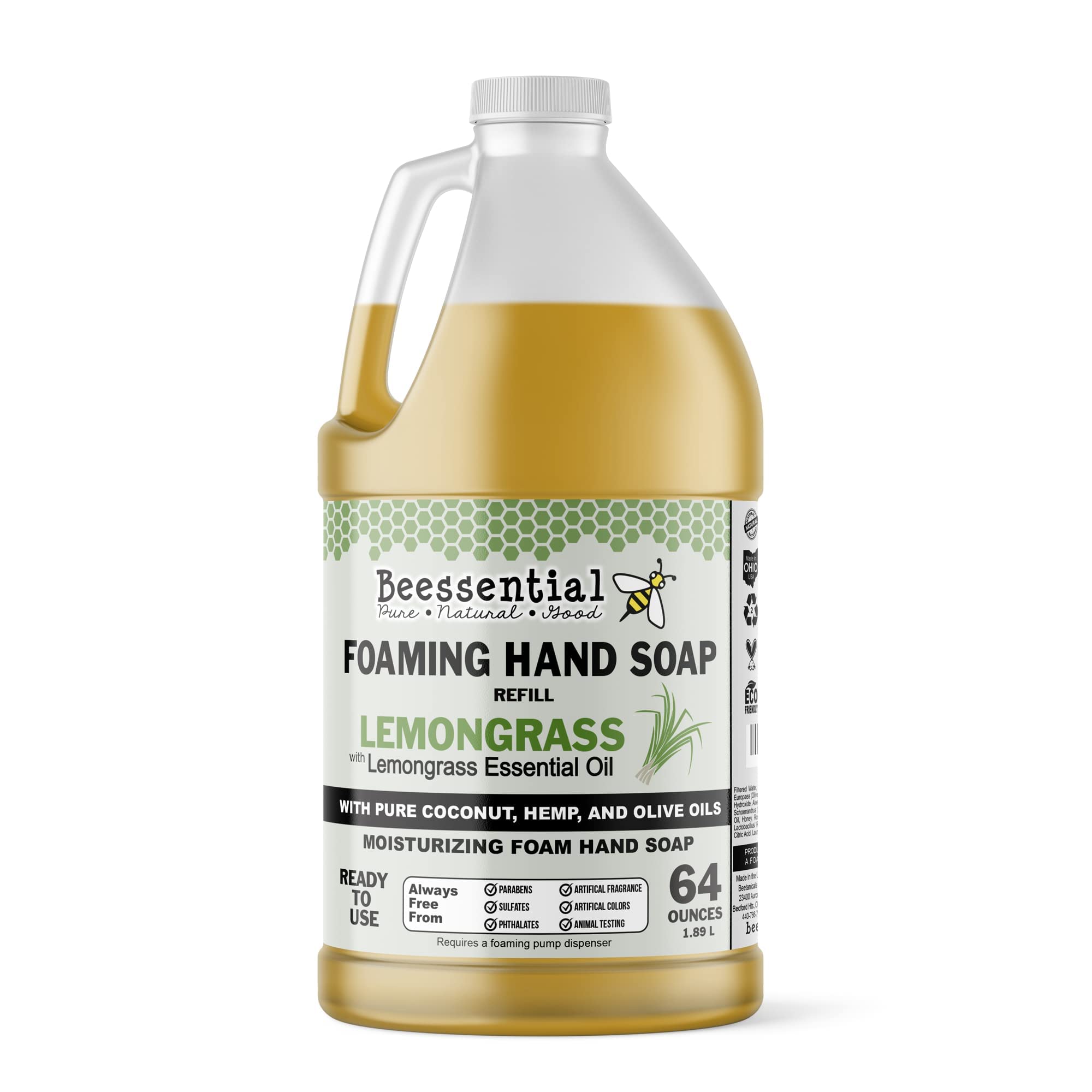 Photo 1 of *MINOR DAMAGE - USED*
Beessential All Natural Bulk Foaming Hand Soap Refill, 64 oz Lemongrass | Made with Moisturizing Aloe & Honey - Made in the USA