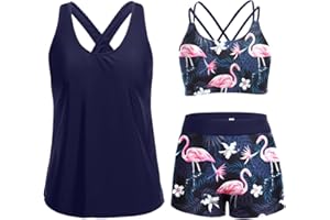 Holipick 3 Piece Tankini Swimsuits for Women Tummy Control Bathing Suits Swim Tank Top with Bra Boy Shorts Teen Swimwear