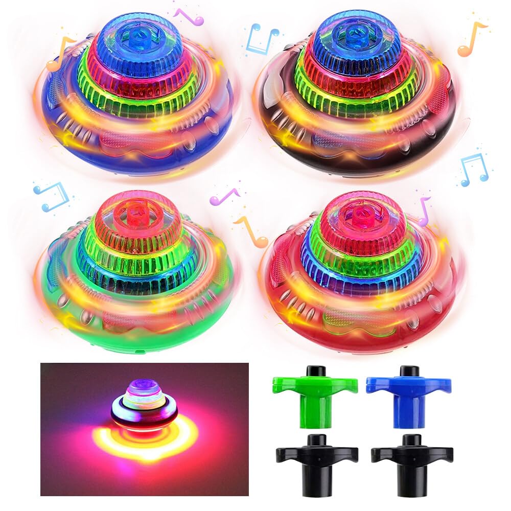 Light Up Spinning Toy, CJBIN 4 Pcs Light Up Spinning Tops, Gyroscope Toy, Flashing Light To-ys with Seven Coloured Lights and Music, Spinning To-ys for Kids Toddlers Autism T-oys Gift, Random Color