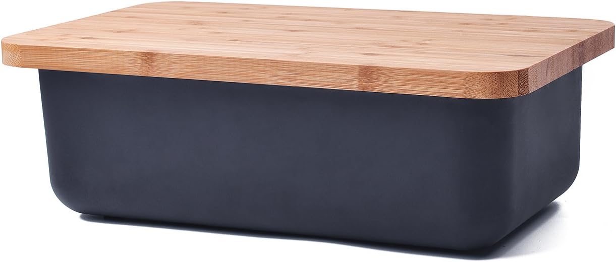 Eazeehome Eco-Friendly Bamboo Fiber Bread Box with Cutting Board Lid Rectangular Container Freshness Tray Cream Food Storage Bin (Black)