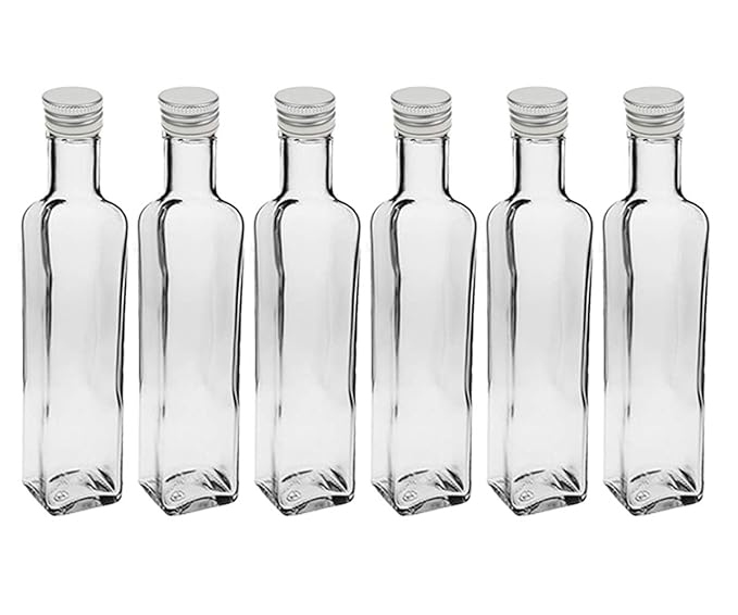 12 leere Glasflaschen Flaschen Maraska 250ml & ETIKETTEN zum Beschriften incl. Schraubverschluss Silber, Eckig, zum selbst Ab